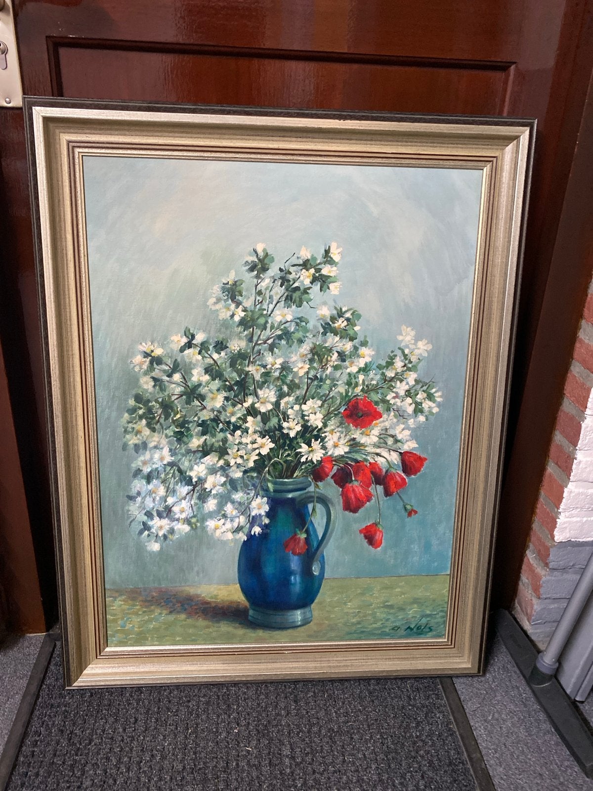 Schilderij met bloemen in vaas, gesigneerd A Nols, Antiek en Kunst, Doek, Realistisch, Gesigneerd, Olieverf