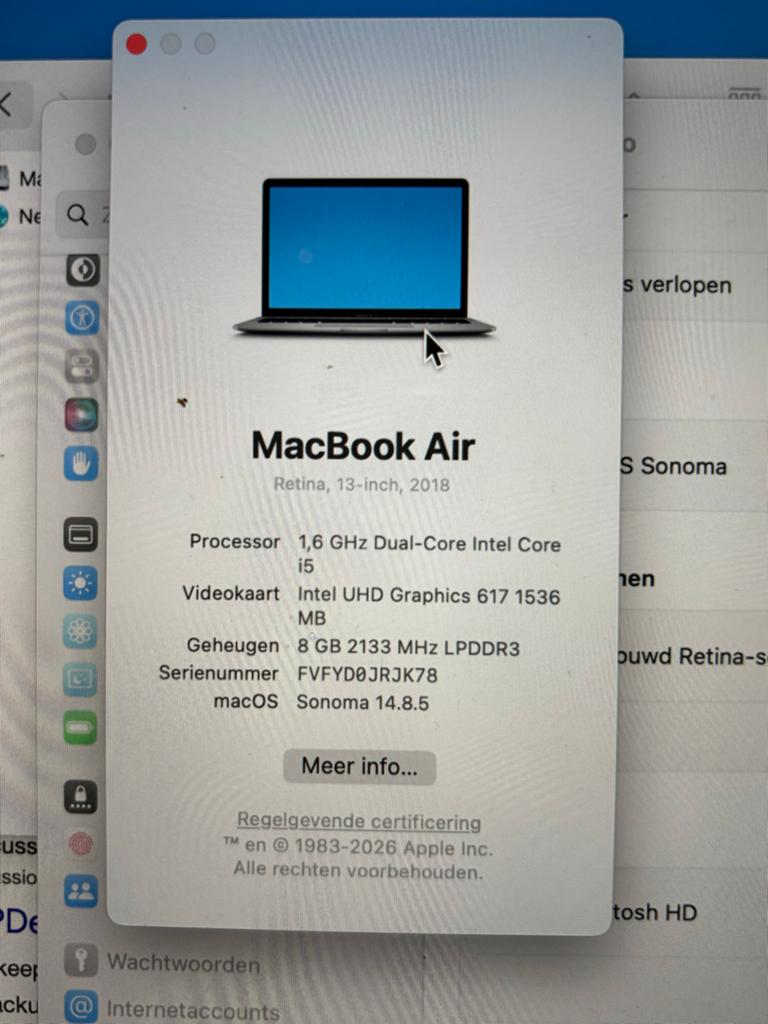 MacBook Air Retina 13-inch 2018 - i5, 8GB RAM 256 MB, Computers en Software, Apple Macbooks, Gebruikt, Qwerty, 8 GB, 13 inch