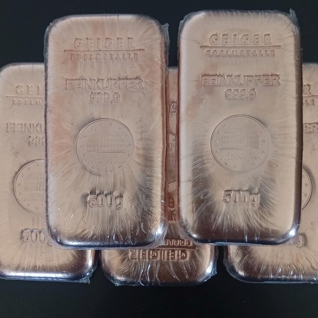Te koop: 5x 500 gram Koper Baar – Geiger Edelmetalle, Ophalen of Verzenden, Zilver