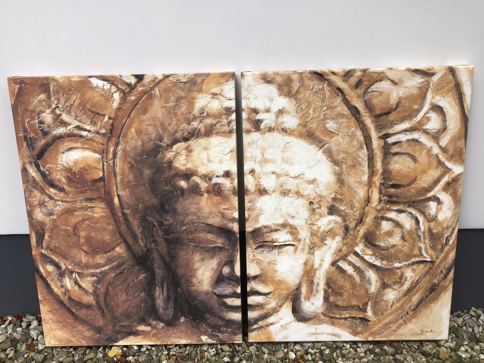 Zeefdruk tweeluik Aura - Boeddha - gesigneerd Juul, Ophalen of Verzenden, Zo goed als nieuw, Schilderij