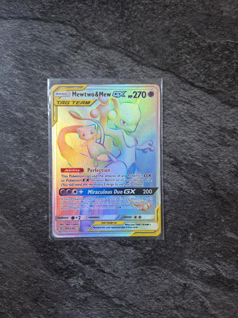 Mewtwo & Mew GX TAG TEAM Rainbow Rare Pokémon Kaart, Ophalen of Verzenden, Nieuw, Losse kaart