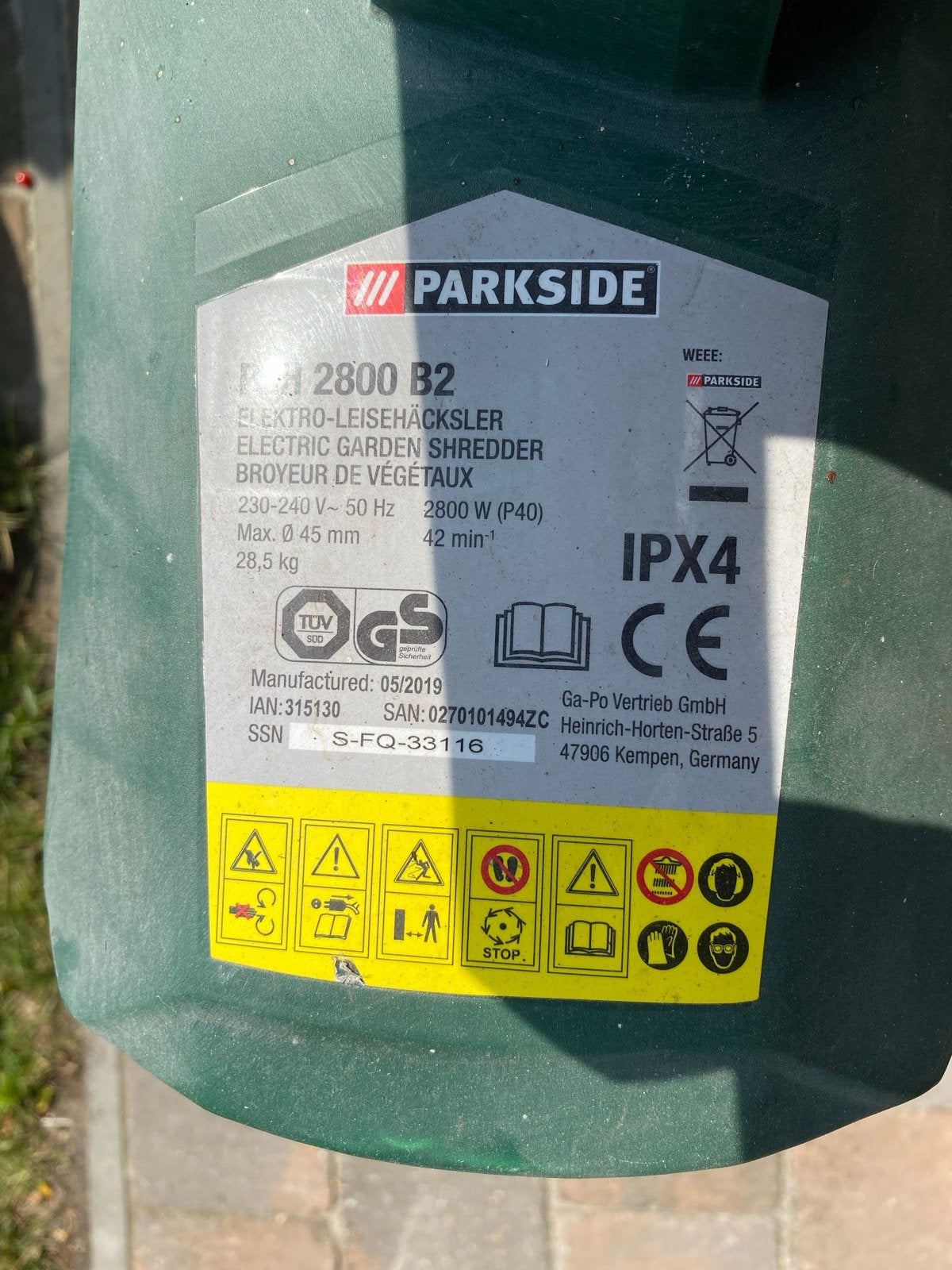 Parkside PLH 2800 B2 Elektrische Stille Hakselaar, Tuin en Terras, Hakselaars, Ophalen, Gebruikt, Elektrisch, Met opvangbak