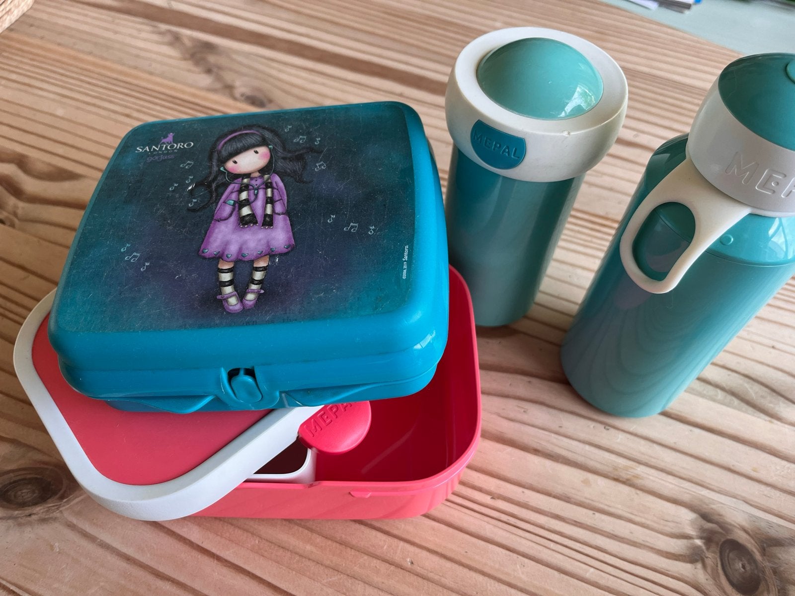 Tupperware lunchbox en Mepal drinkflessen set, Gebruikt, Bewaardoos, Blauw, Ophalen of Verzenden