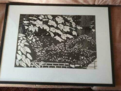 linosnede bladeren struiken tuinmuur Anneke 1 /4, Antiek en Kunst, Kunst | Etsen en Gravures, Ophalen