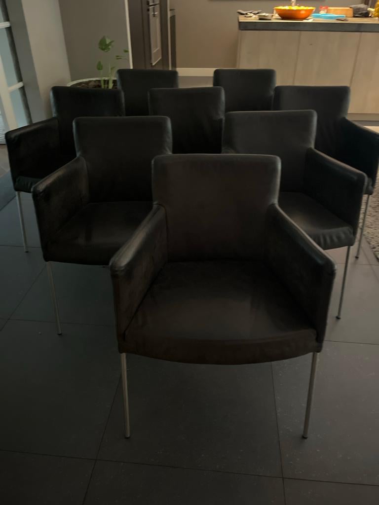 Set van 8 zwarte eetkamerstoelen met armleuning, merk Label, Huis en Inrichting, Stoelen, Ophalen, Gebruikt, Zwart, Leer