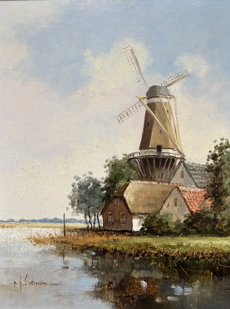Jack van der Put Slotman (1939)-Molen aan water, Doek, Ophalen of Verzenden, Landschap, Olieverf
