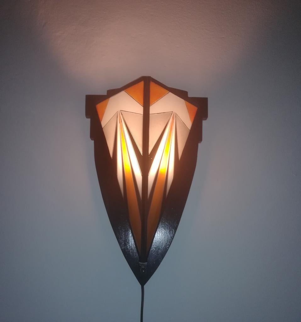 Amsterdamse School gebrandschilderd glas in lood lampen, Ophalen, Zo goed als nieuw, Geïnspireerd door de Amsterdamse School, Glas