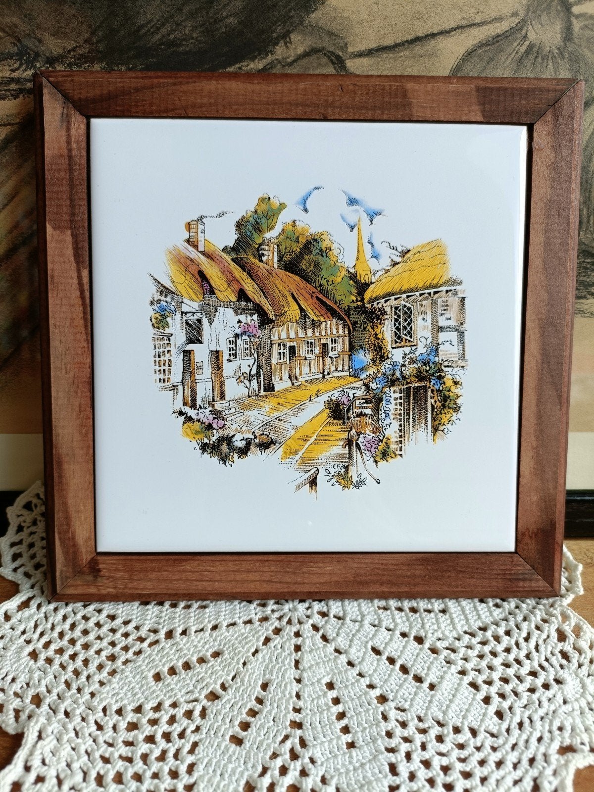 Vintage Spaanse tegel/ onderzetter in houten lijst, Ophalen of Verzenden