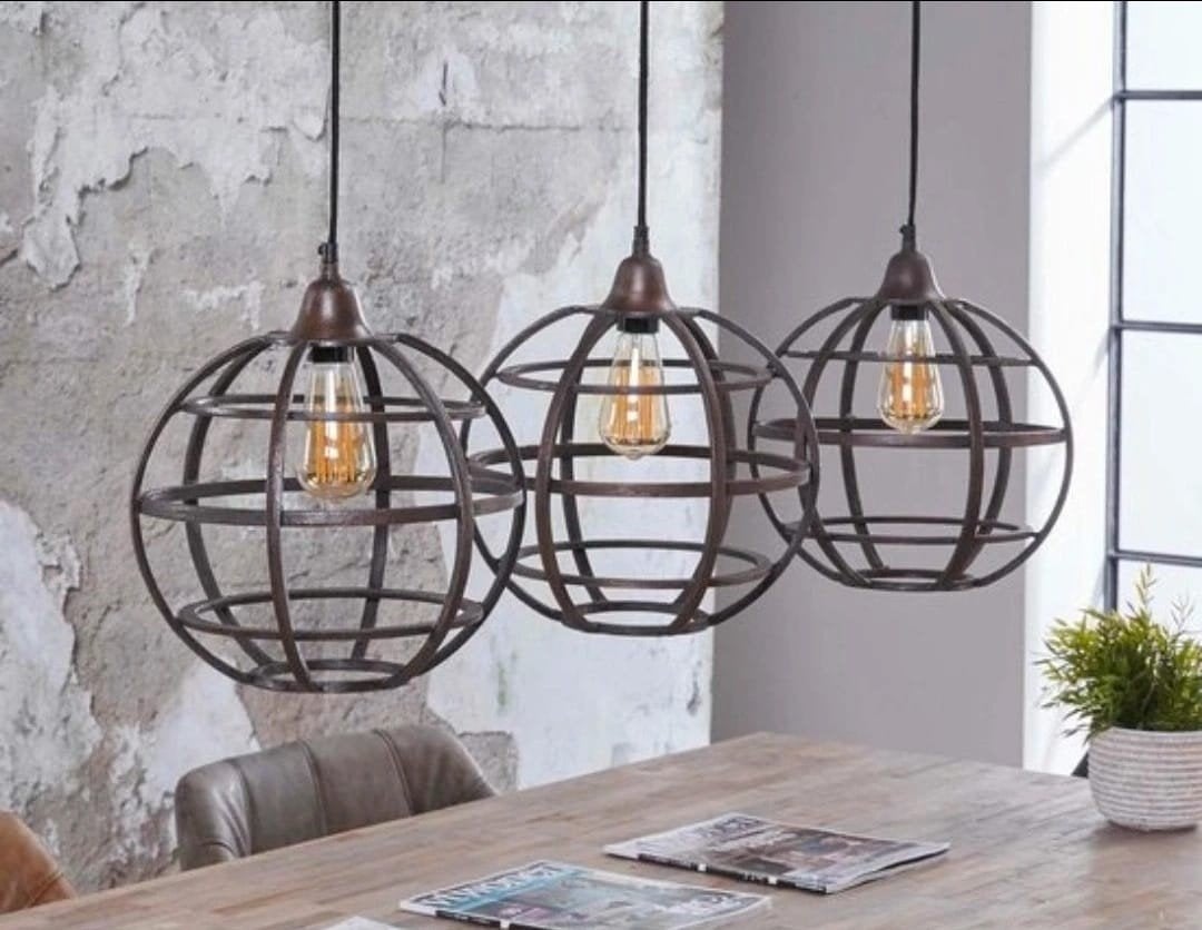 Hanglamp 3xØ33 globe Antiek koper finish, Industrieel, Vintage, Antiek, Nieuw, Metaal, E27 (groot)