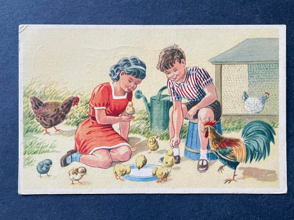 Kinderen met kippen en kuikentjes illustratie ., Ophalen of Verzenden, 1980 tot heden, Gelopen, Kinderen