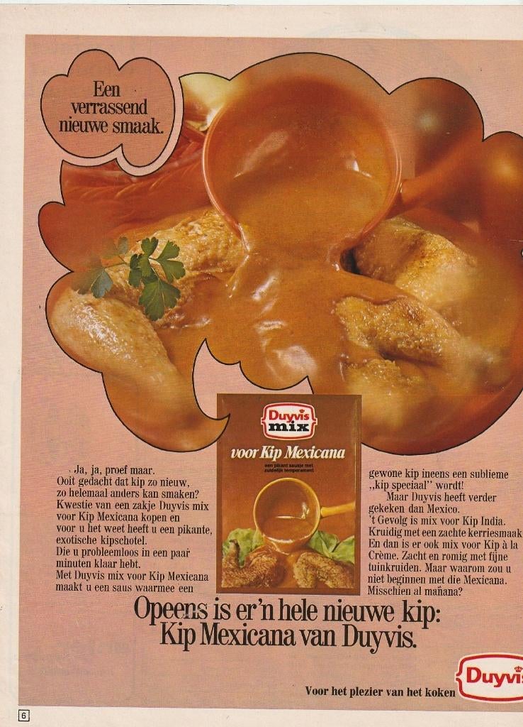 Retro reclame 1971 Duyvis kip Mexicana pikant sausje, Verzamelen, Verzenden, Overige typen