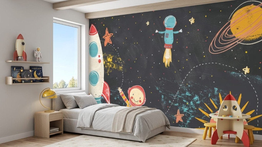 Ruimte behang – raket en astronauten voor kinderkamer, Overige patronen, Overige merken, 75 m² of meer, Modern