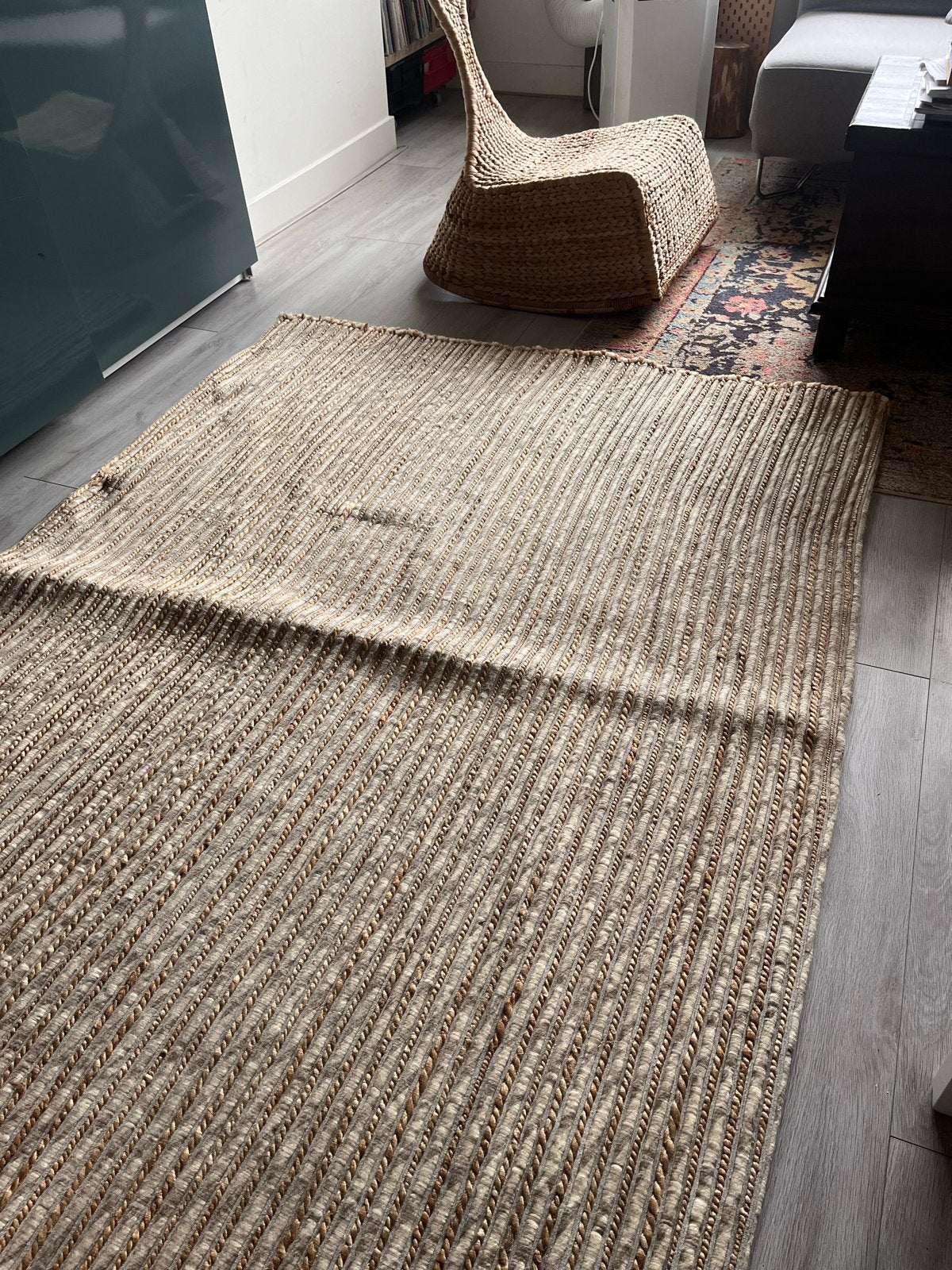 Groot wollen en jute vloerkleed, 2x3m, Huis en Inrichting, Stoffering | Tapijten en Kleden, Gebruikt, Bruin, 200 cm of meer, Natuurlijk