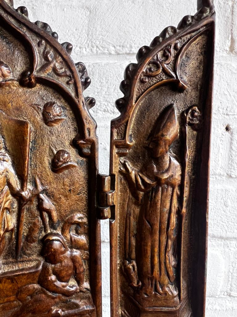 Antiek bronzen drieluik met religieuze voorstelling, Ophalen of Verzenden