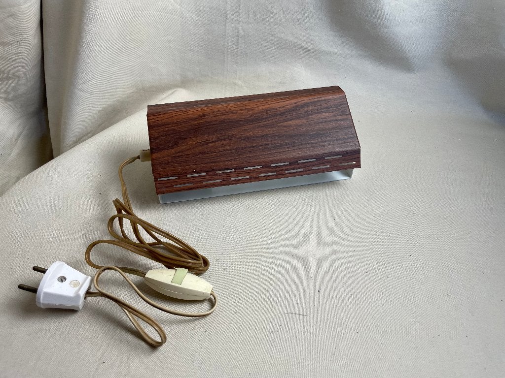 Vintage leeslampje bedlampje houtlook jaren 70, Gebruikt, E14 (klein), Ophalen of Verzenden, Met schakelaar
