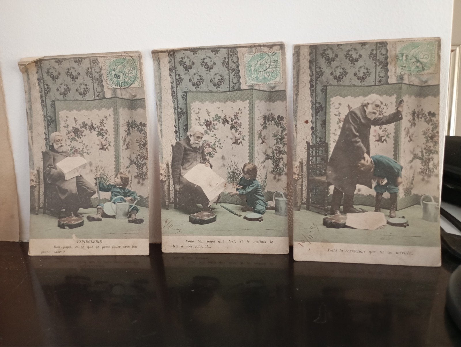Vintage Espieglerie 3x 1905 Ansichtkaarten incl postzegels v, Verzamelen, Ophalen of Verzenden, Gebruikt, Overige typen