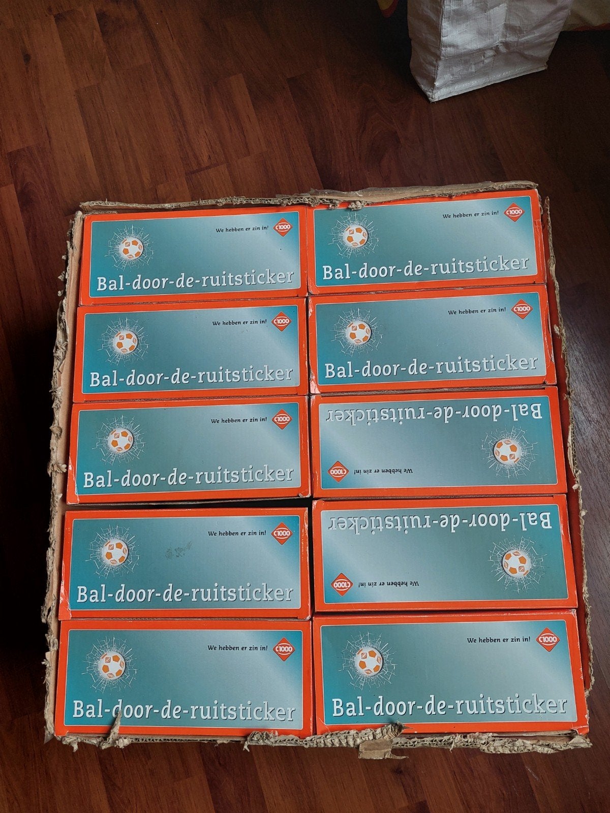 10 C1000 Bal door ruit stickers in originele doos, Verzamelen, Supermarktacties, C1000, Ophalen of Verzenden