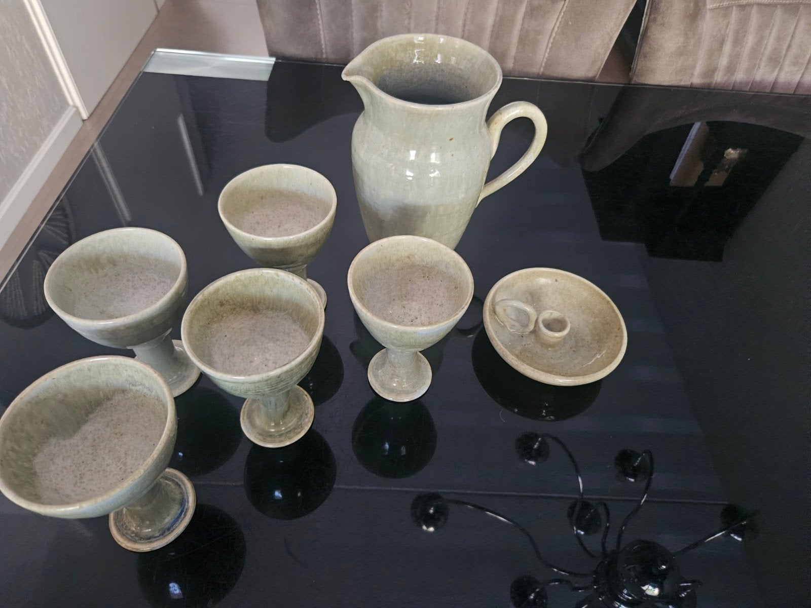 vintage keramiek set, sage green glazuur, Antiek en Kunst, Ophalen