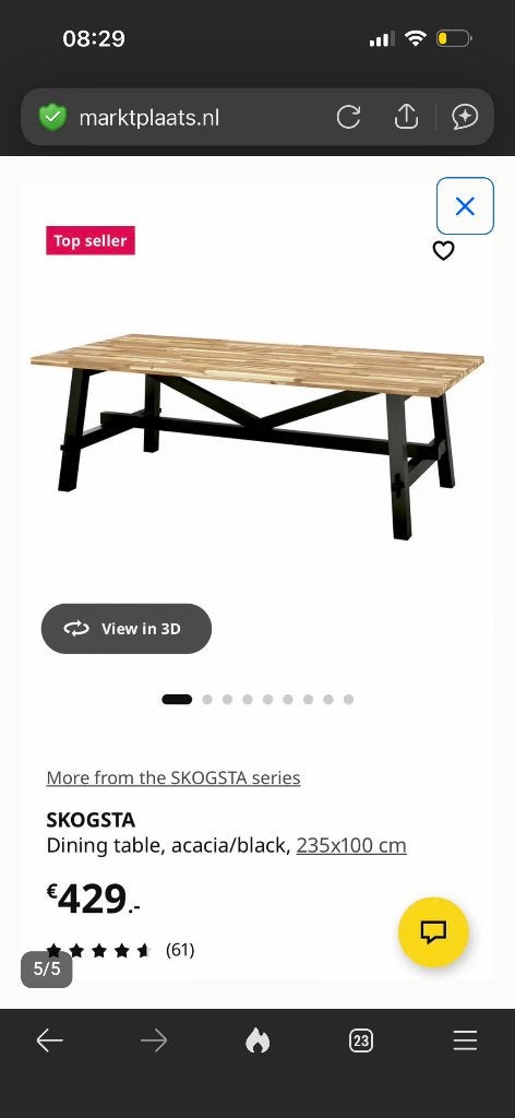 Ikea skogsta eettafel - 235 x 100cm, Ophalen, 200 cm of meer, 50 tot 100 cm, Zo goed als nieuw