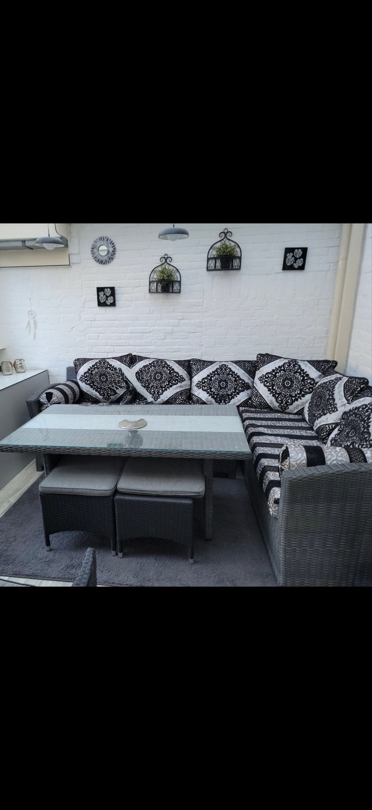 Wicker Loungeset met Glazen Tafel en Kussens, Ophalen, 5 zitplaatsen, Gebruikt, Loungeset