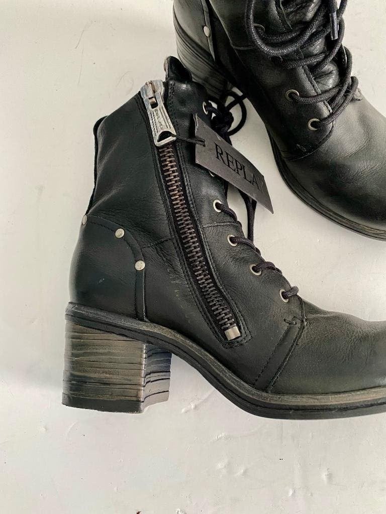 J481 Nieuw: Replay maat 38 boots lage leren laarsjes leer, Zwart, Nieuw, Replay, Ophalen of Verzenden