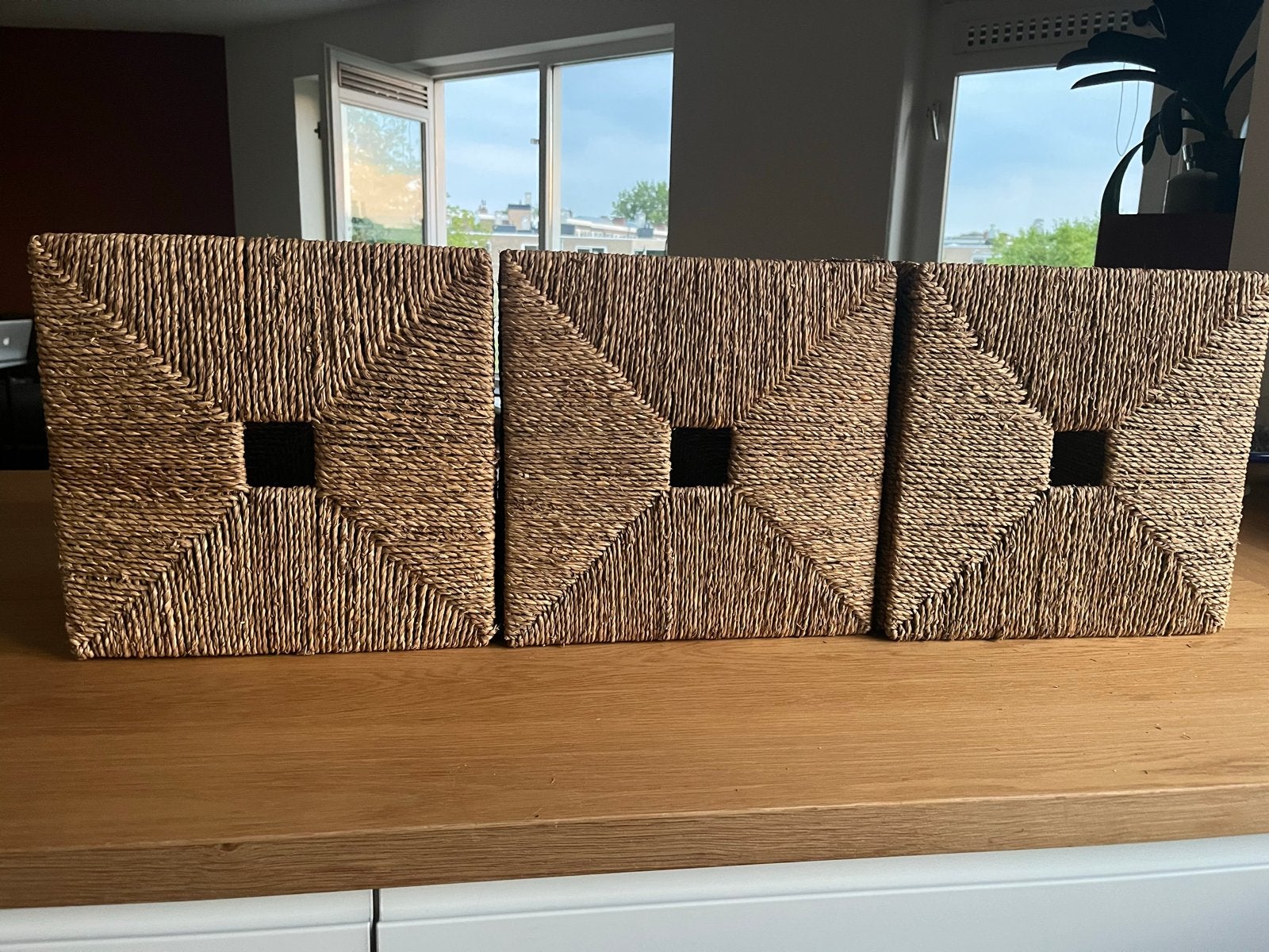 Set van 3 rieten opbergmanden - (Ikea KNIPSA), Ophalen, Gebruikt, Gevlochten, Mand