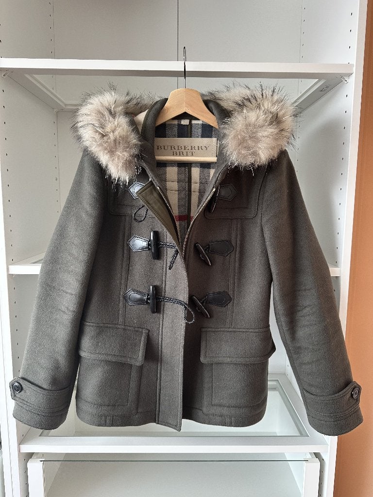 Burberry Brit Duffeljas Wol Khaki Bontkraag EU 36, Ophalen of Verzenden, Zo goed als nieuw, Burberry, Maat 36 (S)