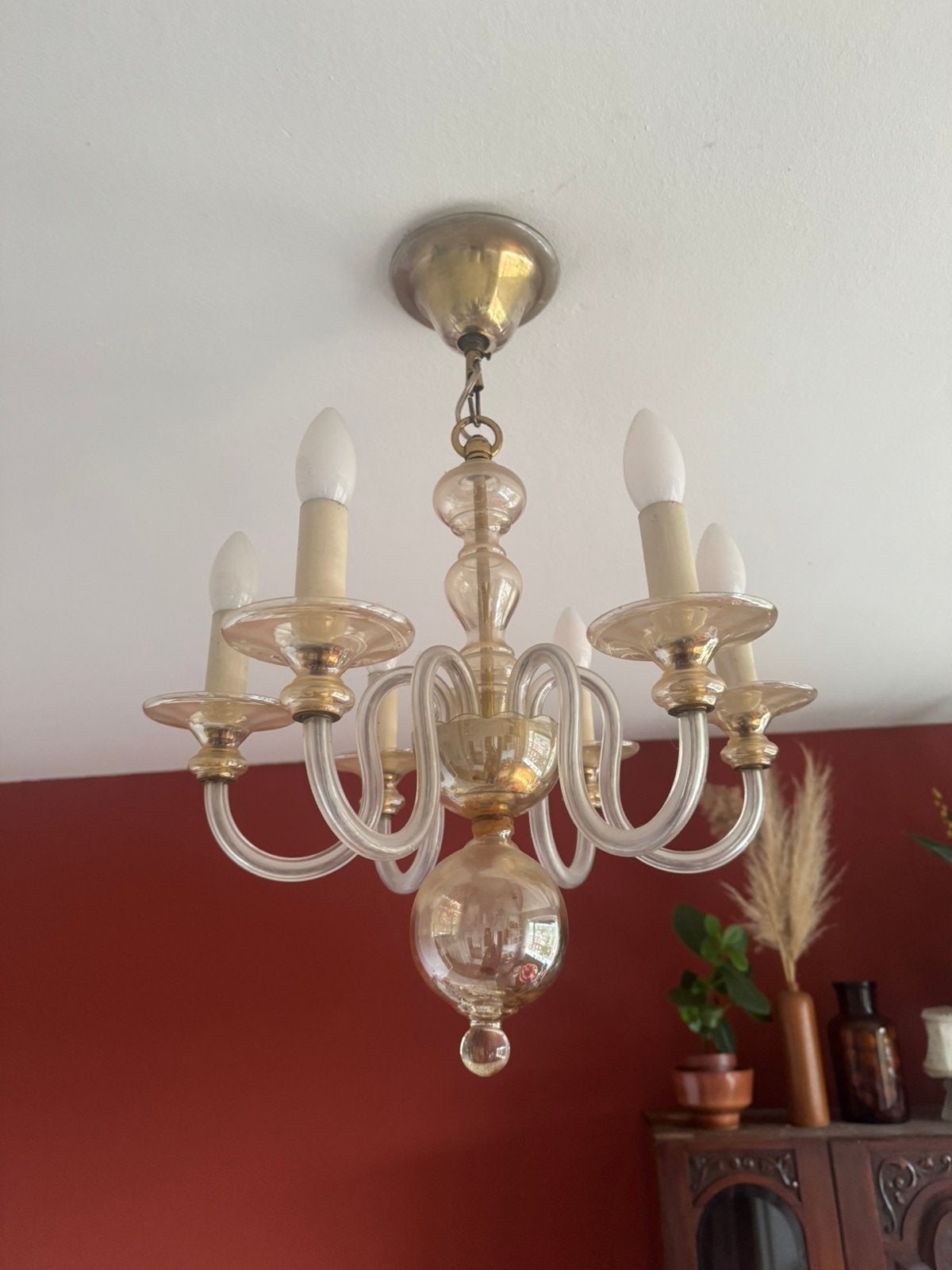 vintage Italiaanse Murano Stijl Kroonluchter Glas &Messing, Huis en Inrichting, Ophalen, Gebruikt, Glas