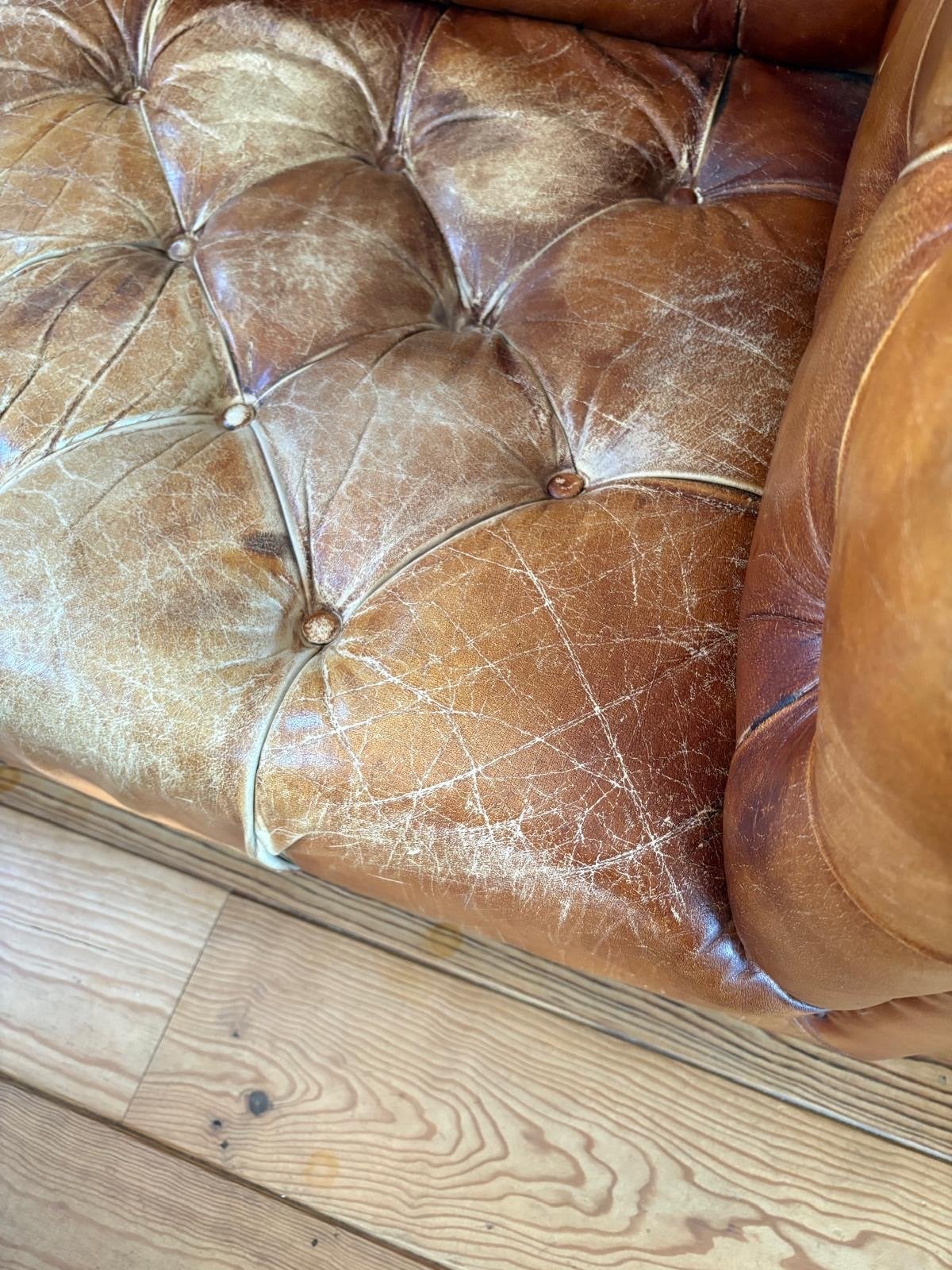 Chesterfield 3-zits bank leer vintage uitstraling, Ophalen, Gebruikt, Driepersoons, 200 tot 250 cm