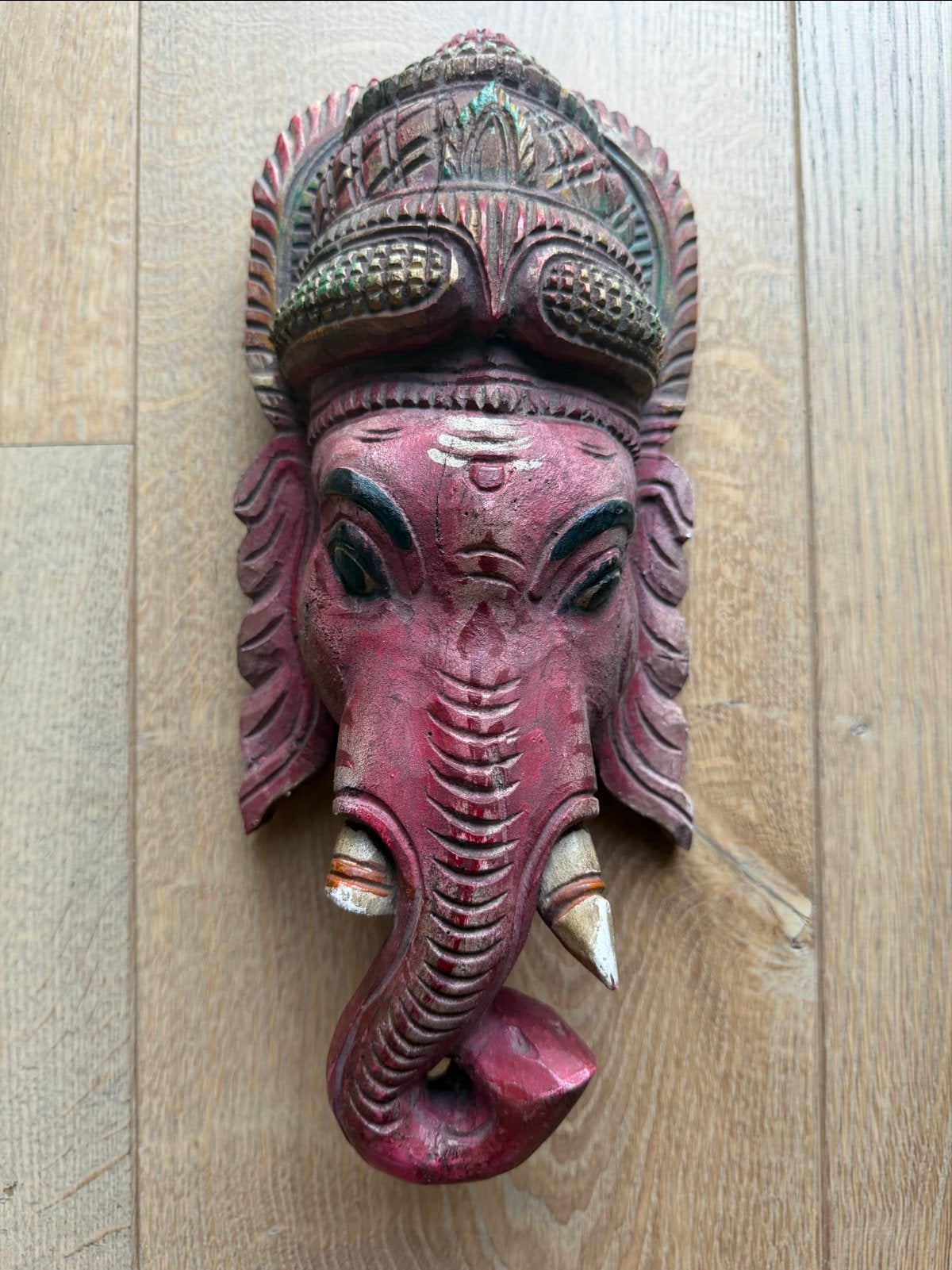 Houten Ganesha Masker - Handgesneden Indiase Kunst, Masker, India, Handgemaakt, Meerkleurig