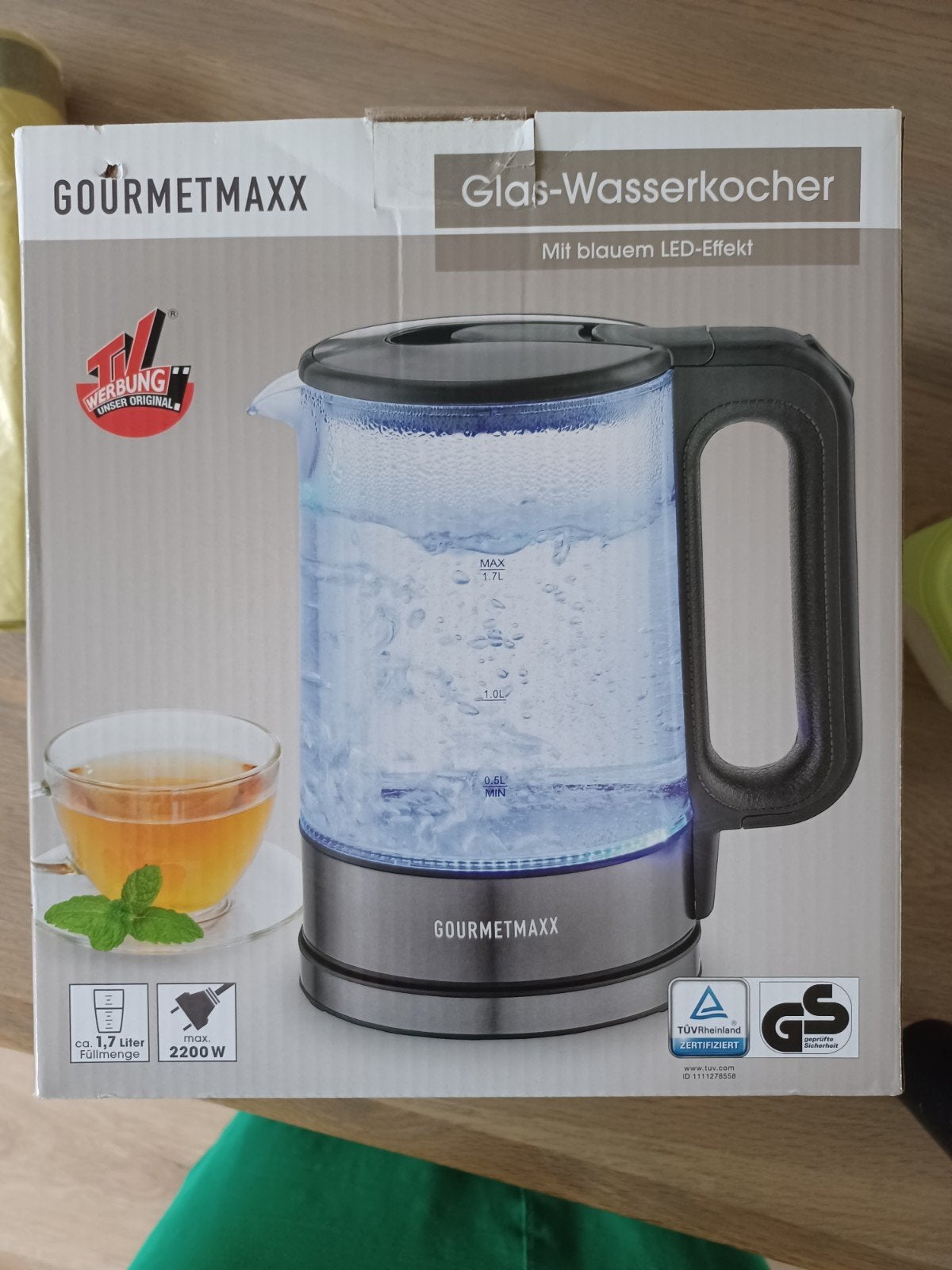 GOURMETMAXX Glazen Waterkoker met LED-effect - 1.7L, Witgoed en Apparatuur, Waterkokers, 1 tot 2 liter, Ophalen, Nieuw