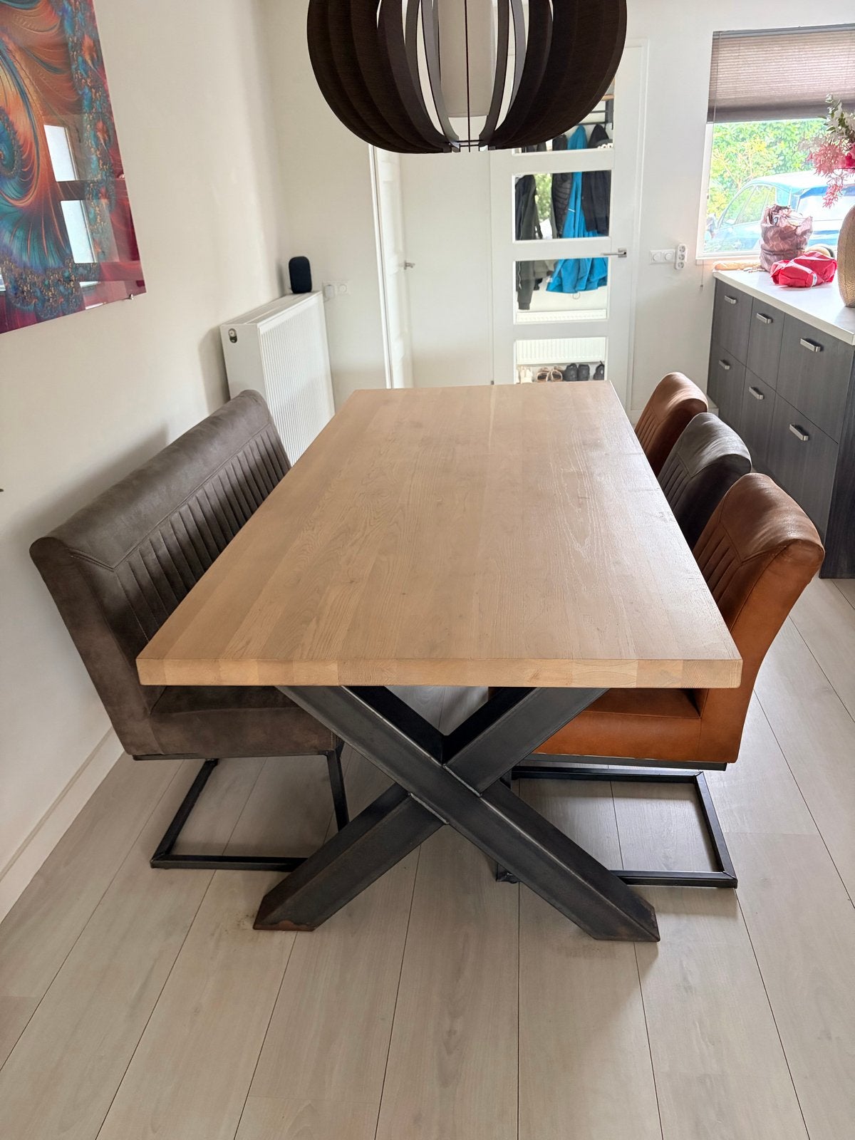 Eiken eettafel met antraciet X-poten - 220x100x80cm, Huis en Inrichting, Tafels | Eettafels, Ophalen, 100 tot 150 cm, Eikenhout