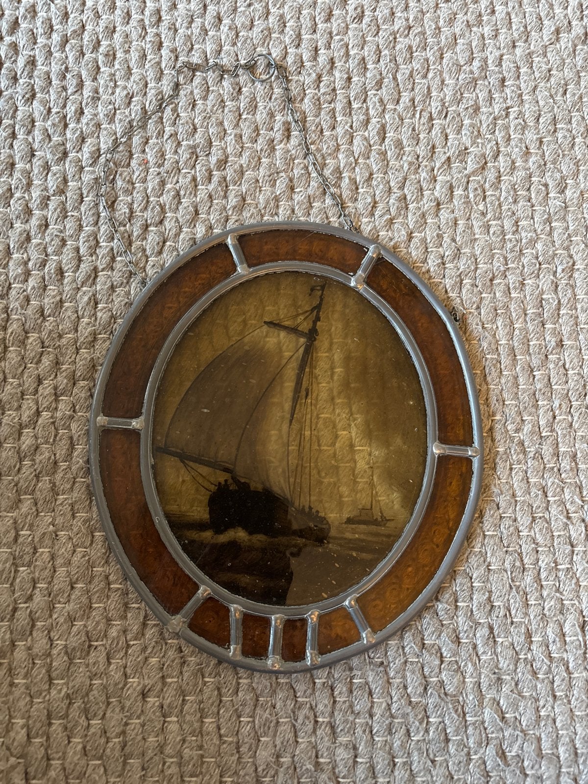 Vintage glas-in-lood raamhanger met zeilschip, Ophalen