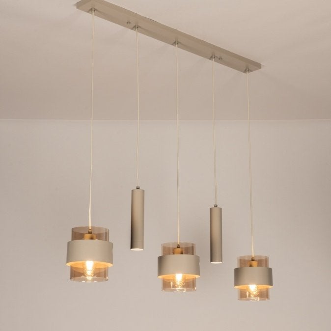 hanglamp champagne glas beige kokers tafel woonkeuken lamp, Ophalen of Verzenden, Nieuw, Glas, GU10