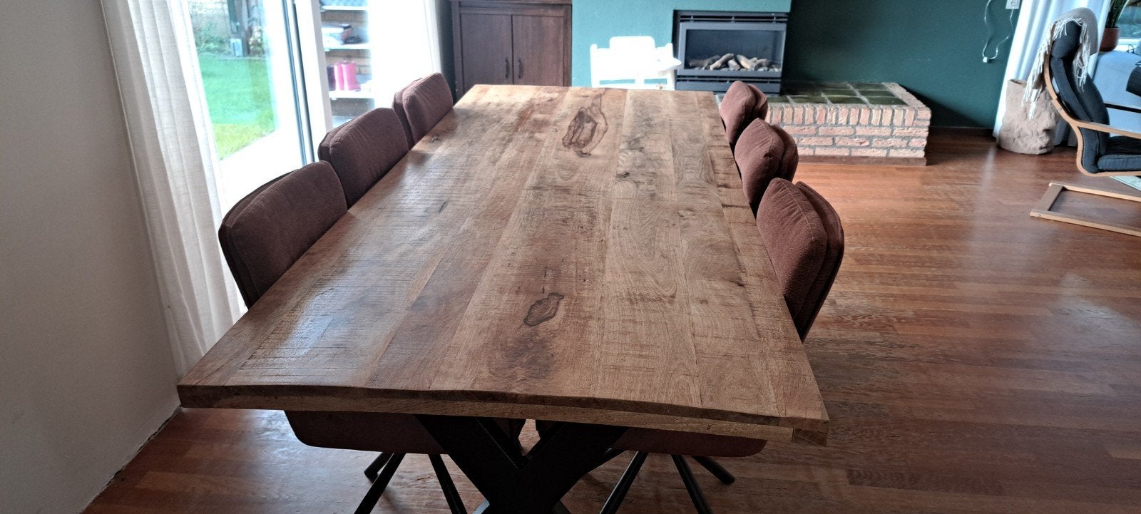 mango eettafel met X-poten, 200 cm of meer, 50 tot 100 cm, Zo goed als nieuw, Vijf personen of meer
