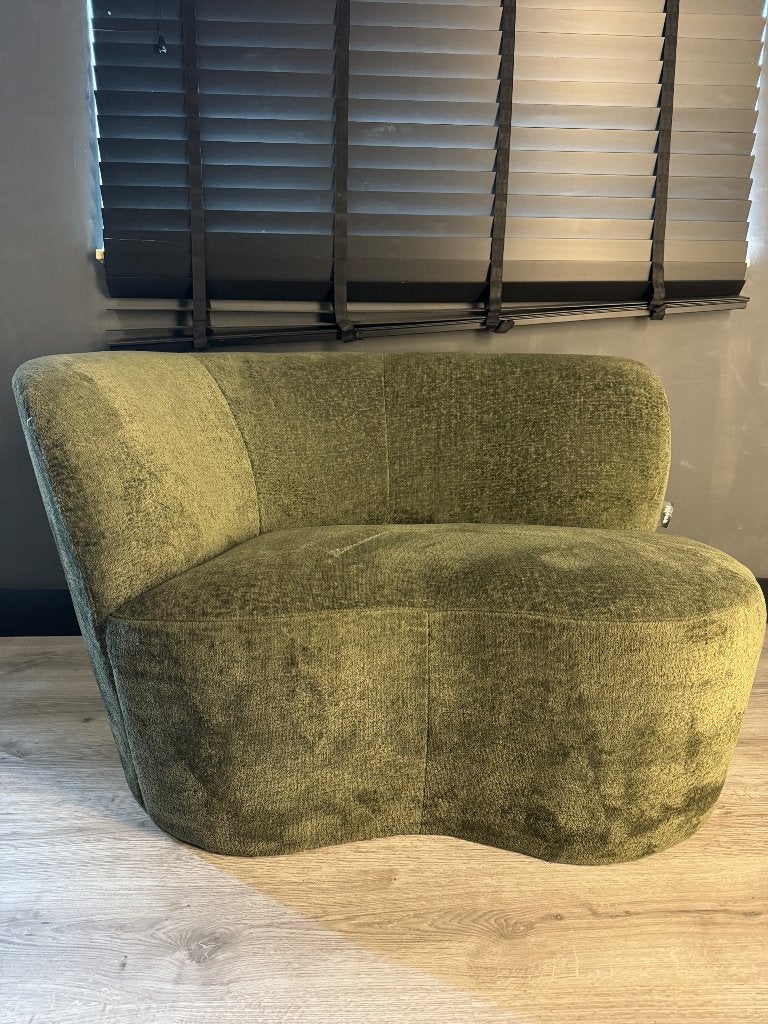 fauteuil warm groen velvet met leuning links., Ophalen, 75 tot 100 cm, Zo goed als nieuw, 100 tot 125 cm