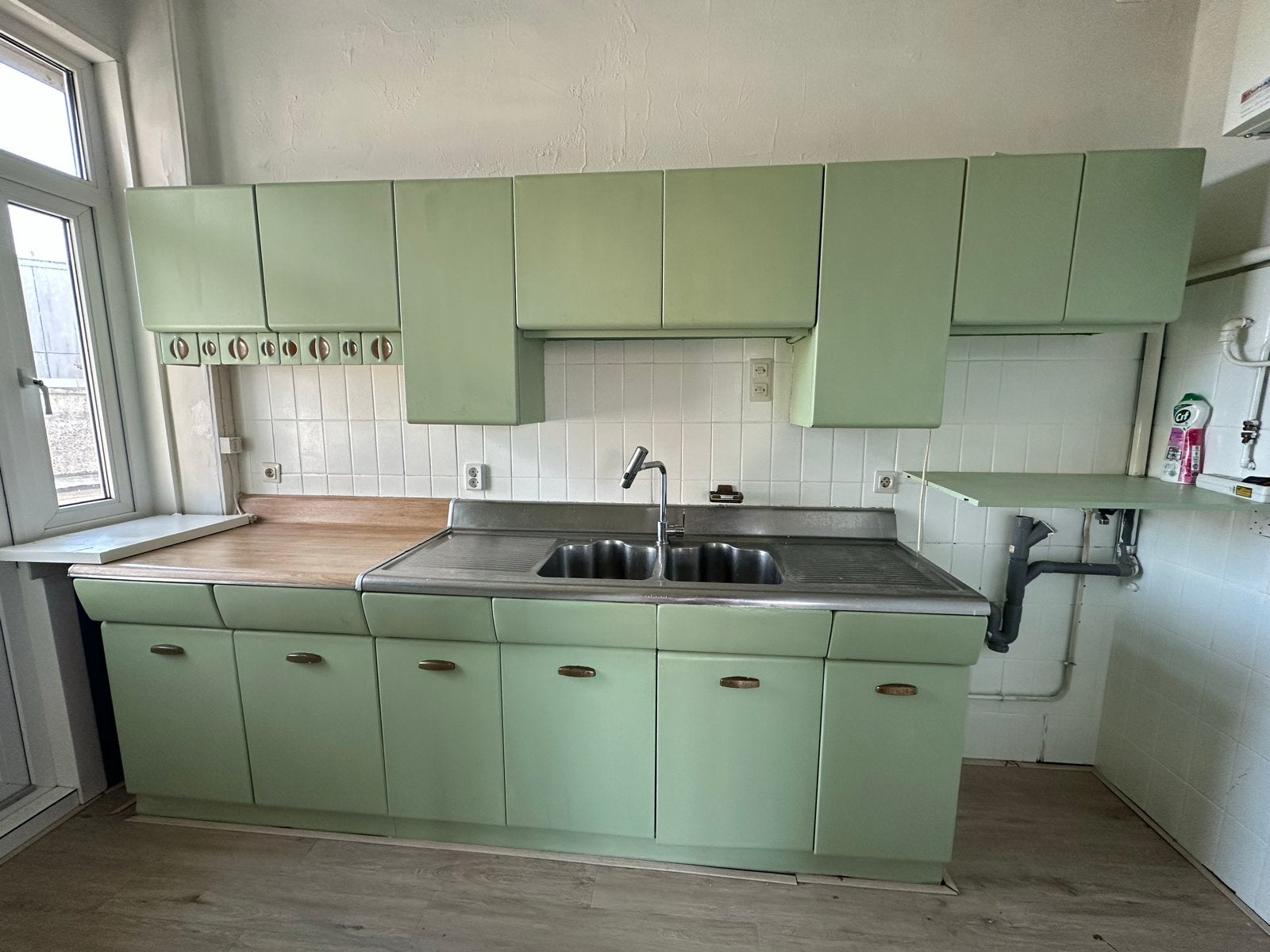 Vintage Groene Keuken met Houten Werkblad, Ophalen, Gebruikt, Enkelwandige keuken, Hout