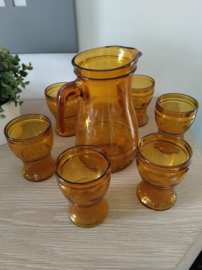 vintage glazen kan + 6 glazen, Ophalen of Verzenden