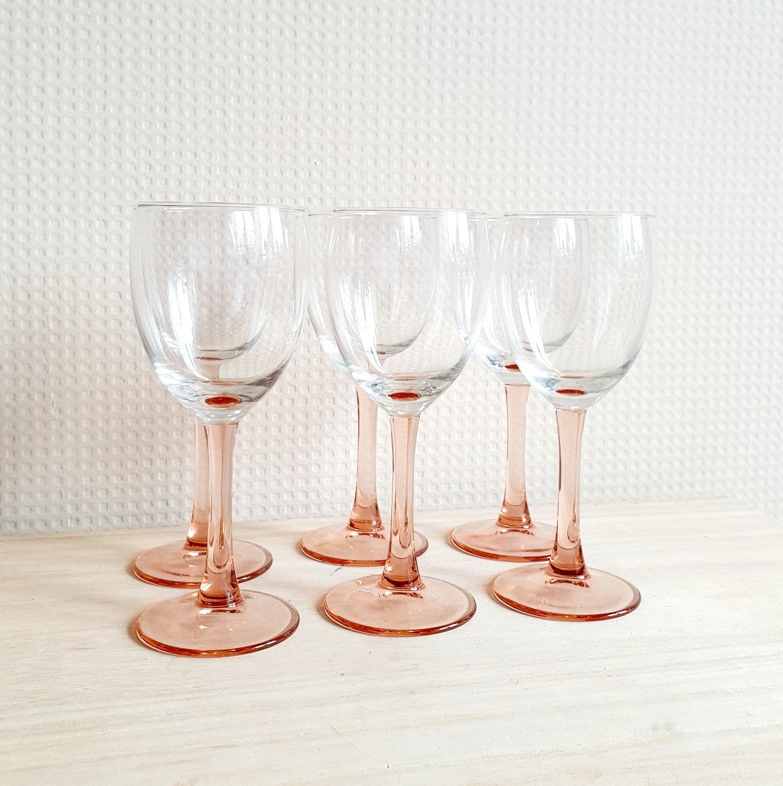 Set van 6 prachtige vintage witte wijnglazen met roze voet!, Antiek en Kunst, Ophalen of Verzenden