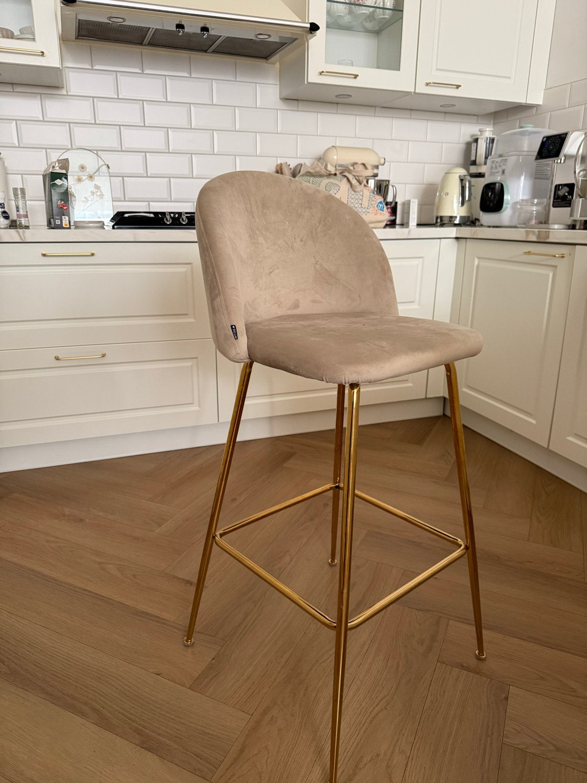 3x Sklum Kana barkruk fluweel - goud, Ophalen, Gebruikt, Met voetsteun, 90 cm of meer