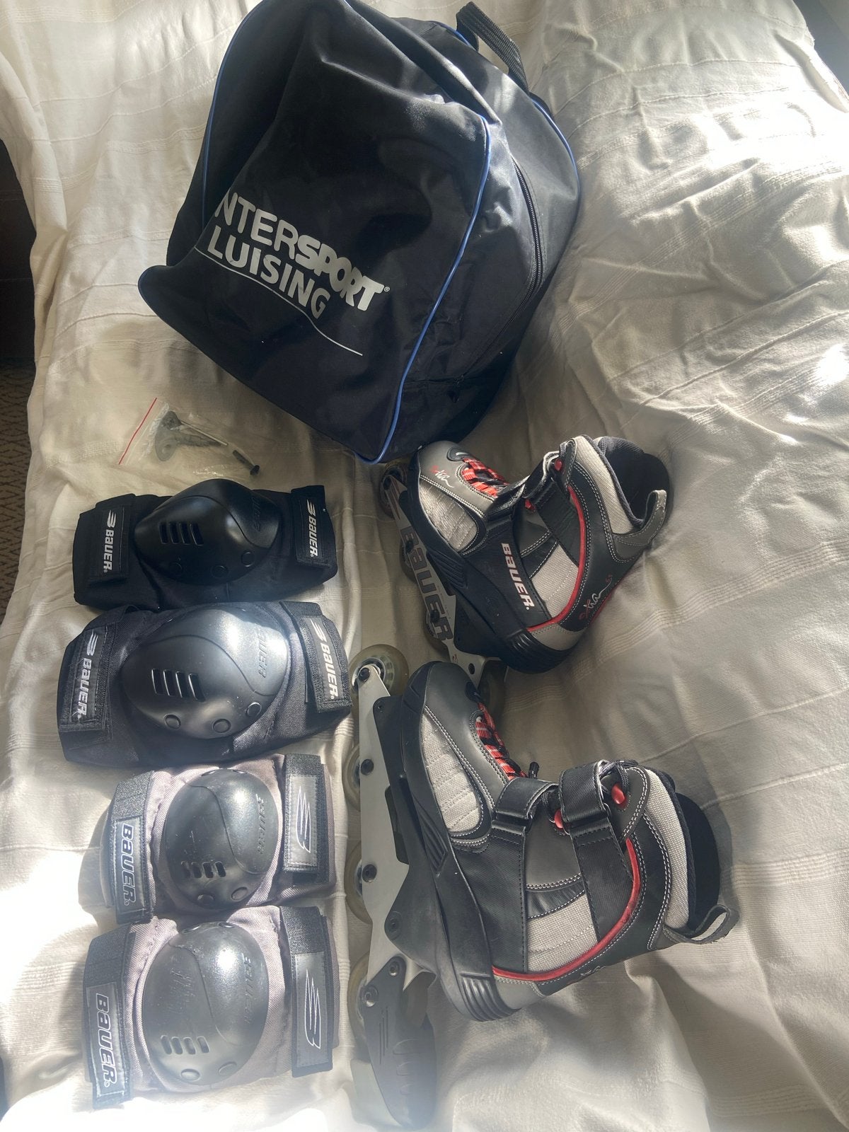 Bauer inline skates maat 42.5 met bescherming en tas, Gebruikt, Bauer, Dames, Ophalen of Verzenden