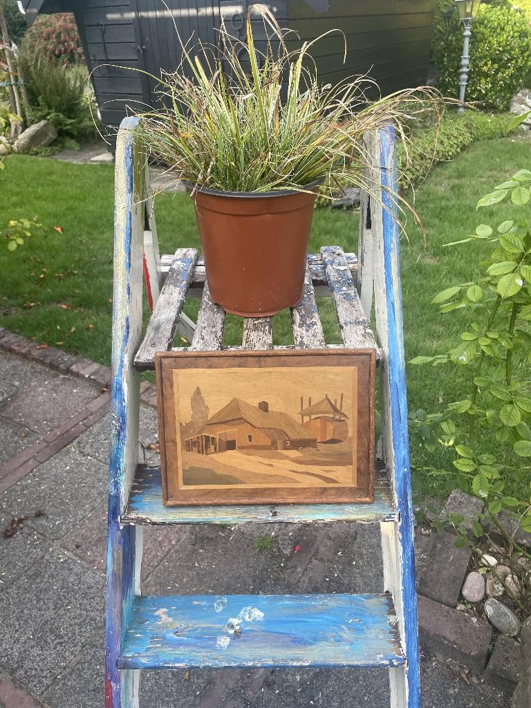 Vintage hout ingelegd schilderij - boerderij, Ophalen of Verzenden
