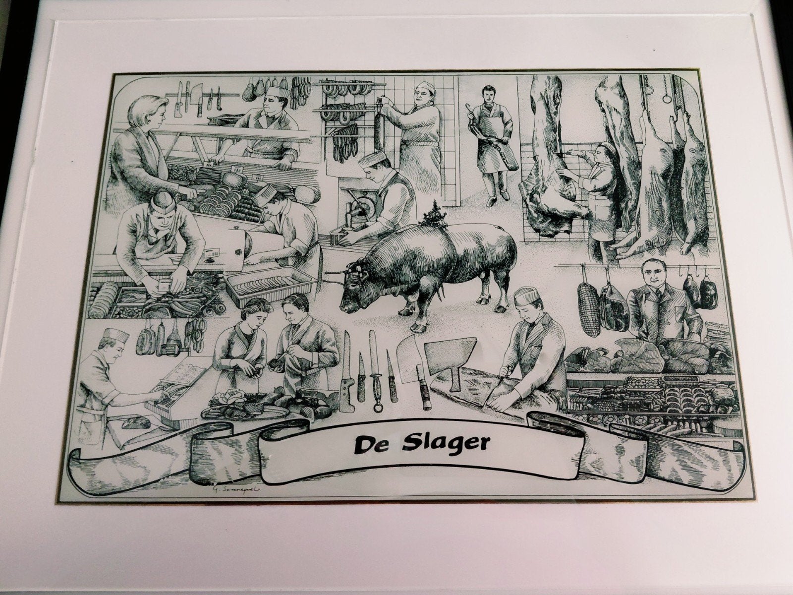 Ingelijste afbeelding 'De Slager' - Vintage vakmanschap, Ophalen of Verzenden