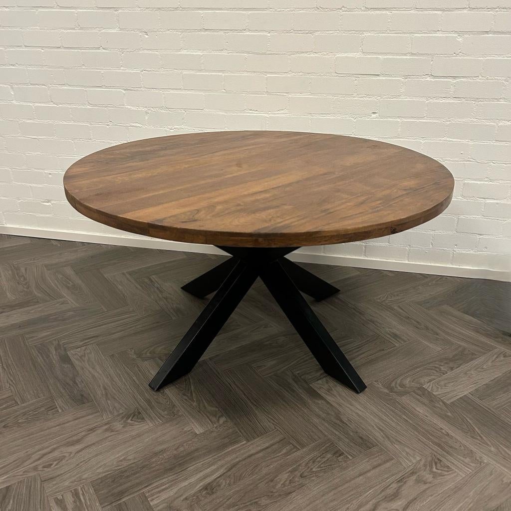 Mangohouten Eettafel Rond Spinpoot 130cm, Overige materialen, Rond, Ophalen of Verzenden, Zo goed als nieuw