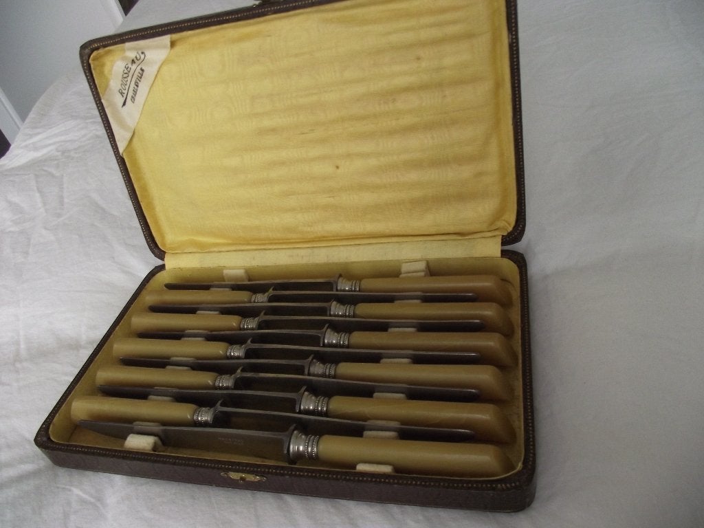 vintage Rousseau Charleville hoorn dinermessen 24 cm + etui, Verzenden