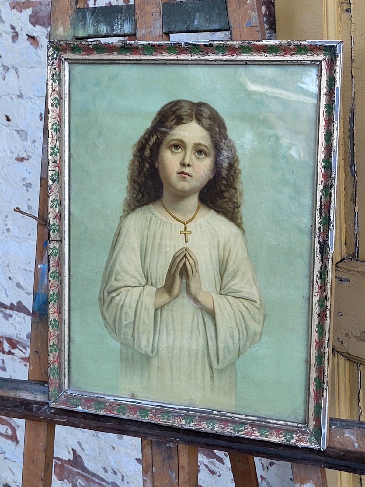 oude brocante franse religieuze prent in lijst / allegonda, Ophalen of Verzenden