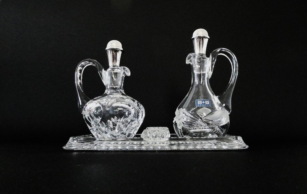 Nederlands olie en azijn stel met zilver 925 flessenstop CBZ, Antiek en Kunst, Antiek | Glas en Kristal, Ophalen of Verzenden