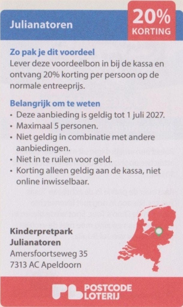 Julianatoren, Apeldoorn. 20% korting. Postcodeloterij bon., Drie personen of meer, Kortingskaart