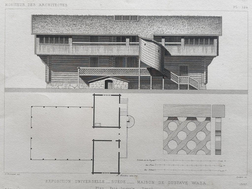 2 staalgravures - Zweeds houten huis Gustav Wasa - 1867, Ophalen of Verzenden, 40 cm, 30 cm, 1800 - 1899