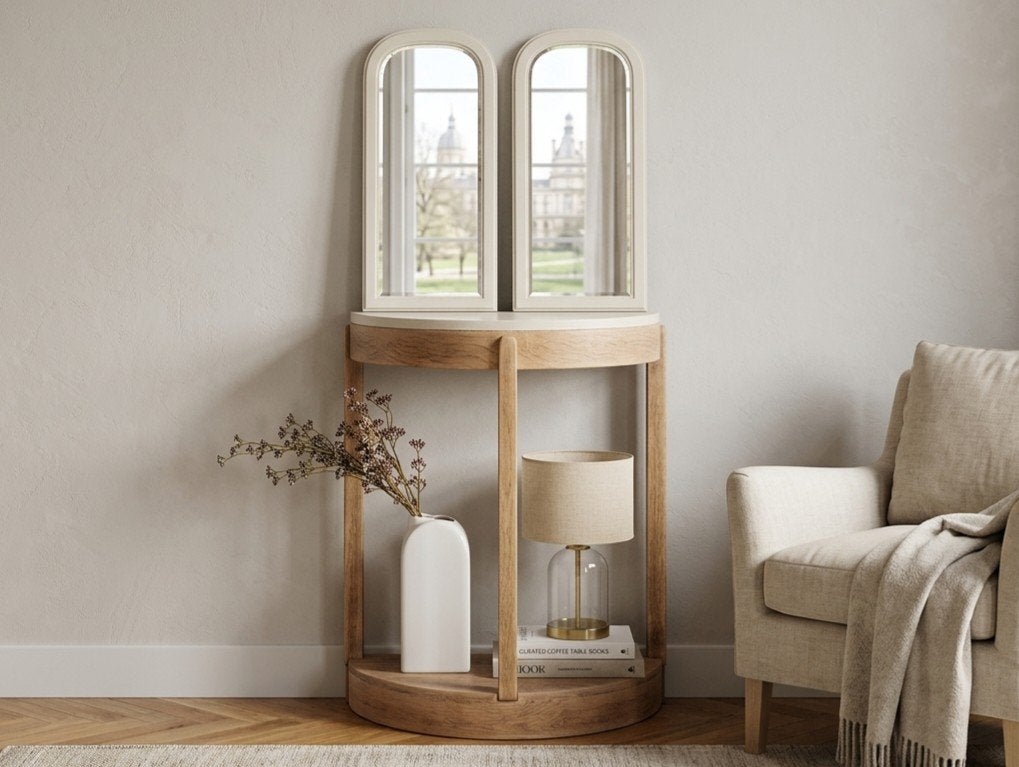 Prachtige gerestaureerde eikenhouten sidetable met spiegels., Ophalen